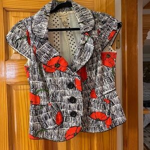 Cap Sleeve Poppy-Print Blazer Jacket from Anthropologie- Red & Black- Size 8